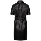 Women's Black Original Leather Shirt Dress - Utility Cargo Pocket Premium Dress with Belt