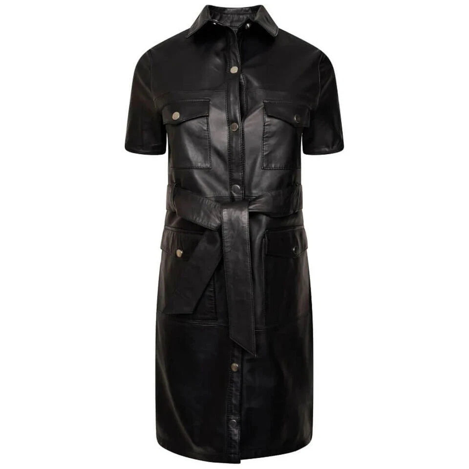 Women's Black Original Leather Shirt Dress - Utility Cargo Pocket Premium Dress with Belt