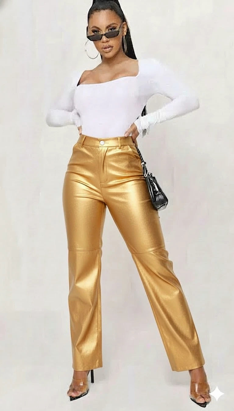 Gold Original Leather Pants - High-Waisted Straight Leg Genuine Premium Leather Trousers for Women