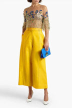 Yellow Original Leather Wide Leg Culottes - High-Waisted Genuine Premium Leather Trousers for Women