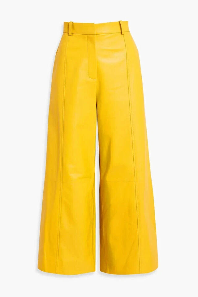 Yellow Original Leather Wide Leg Culottes - High-Waisted Genuine Premium Leather Trousers for Women