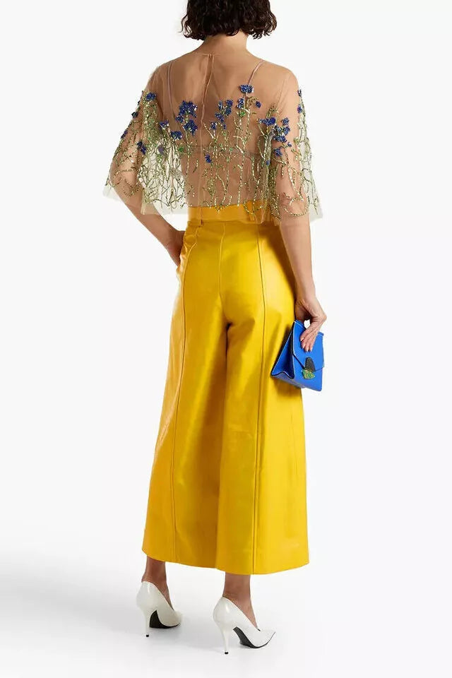 Yellow Original Leather Wide Leg Culottes - High-Waisted Genuine Premium Leather Trousers for Women