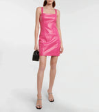 Women's Hot Pink Original Leather Dress - Sleeveless Mini Premium Dress with Ruched Straps