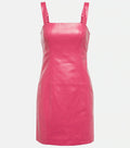 Women's Hot Pink Original Leather Dress - Sleeveless Mini Premium Dress with Ruched Straps