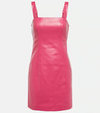 Women's Hot Pink Original Leather Dress - Sleeveless Mini Premium Dress with Ruched Straps
