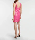 Women's Hot Pink Original Leather Dress - Sleeveless Mini Premium Dress with Ruched Straps