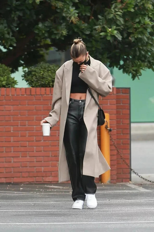 Black Original Leather Wide Leg Pants - High-Waisted Genuine Premium Leather Trousers for Women