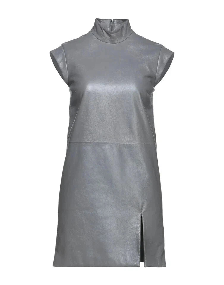 Women's Grey Leather Premium  Dress - Mock Neck Mini Original Dress with Cap Sleeves
