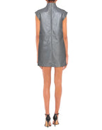 Women's Grey Leather Premium  Dress - Mock Neck Mini Original Dress with Cap Sleeves