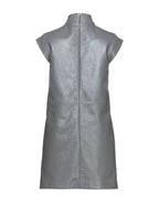 Women's Grey Leather Premium  Dress - Mock Neck Mini Original Dress with Cap Sleeves