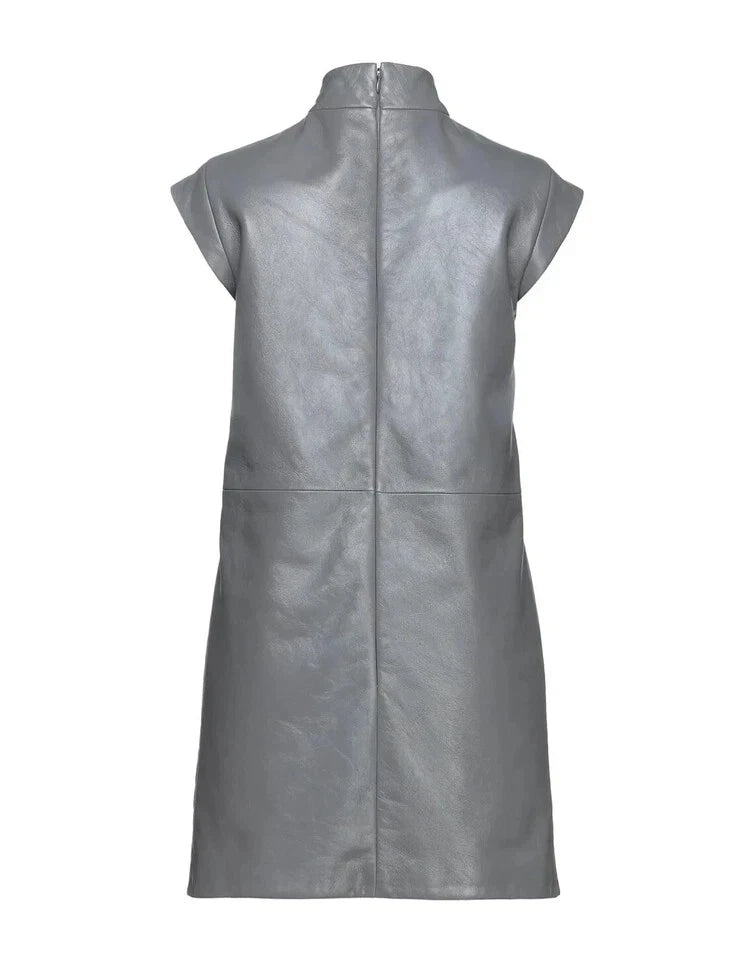 Women's Grey Leather Premium  Dress - Mock Neck Mini Original Dress with Cap Sleeves