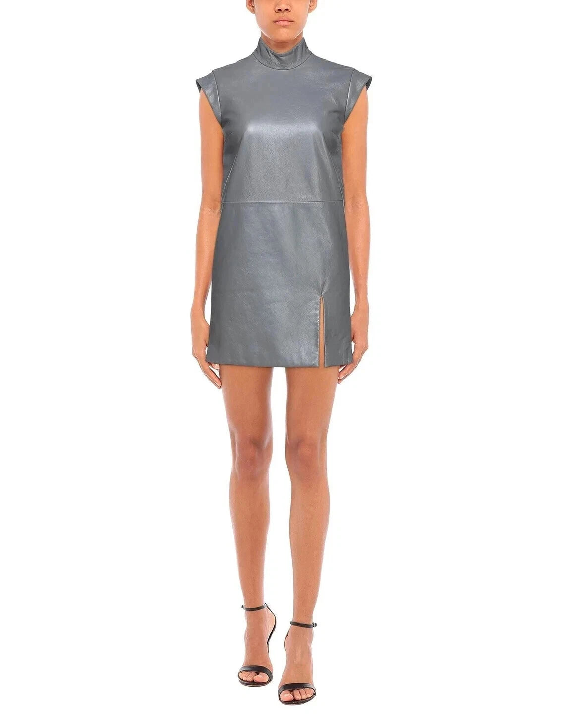 Women's Grey Leather Premium  Dress - Mock Neck Mini Original Dress with Cap Sleeves