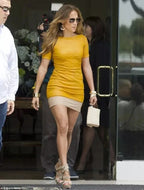 Women's Yellow Original Leather Dress - Short Sleeve Mini Premium Dress with Ruched Sides