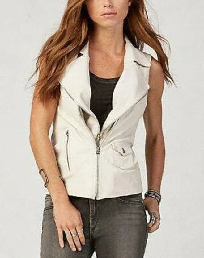 White Original Leather Vest for Women - Premium Full-Grain Sleeveless Moto Jacket