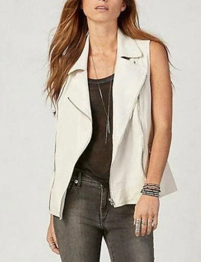 White Original Leather Vest for Women - Premium Full-Grain Sleeveless Moto Jacket
