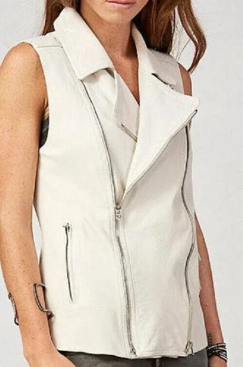 White Original Leather Vest for Women - Premium Full-Grain Sleeveless Moto Jacket