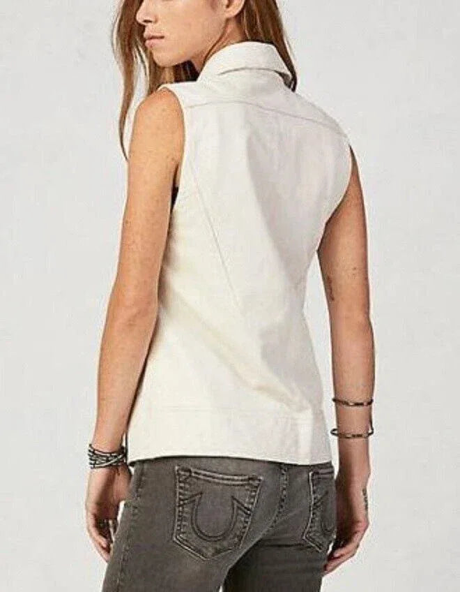 White Original Leather Vest for Women - Premium Full-Grain Sleeveless Moto Jacket