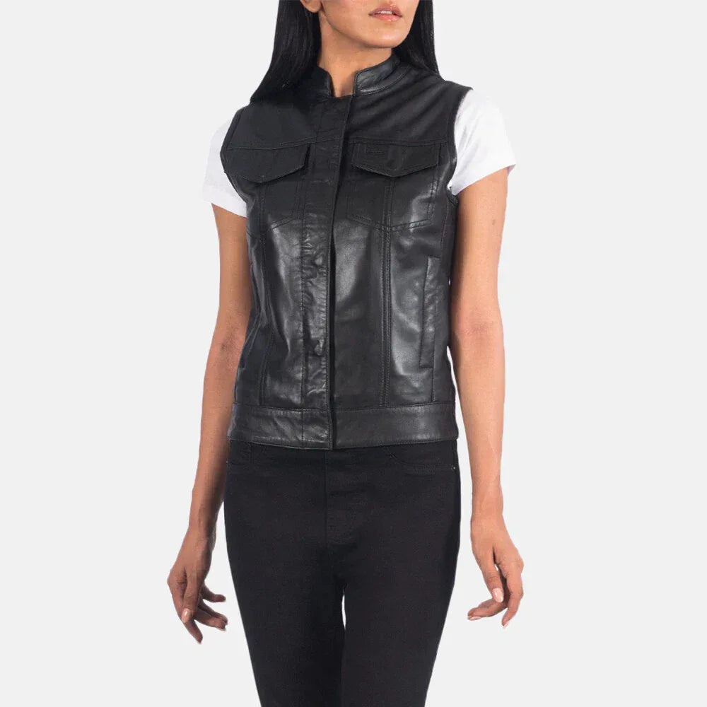 Black Original Leather Utility Vest Coat for Women - Premium Full-Grain Sleeveless Jacket