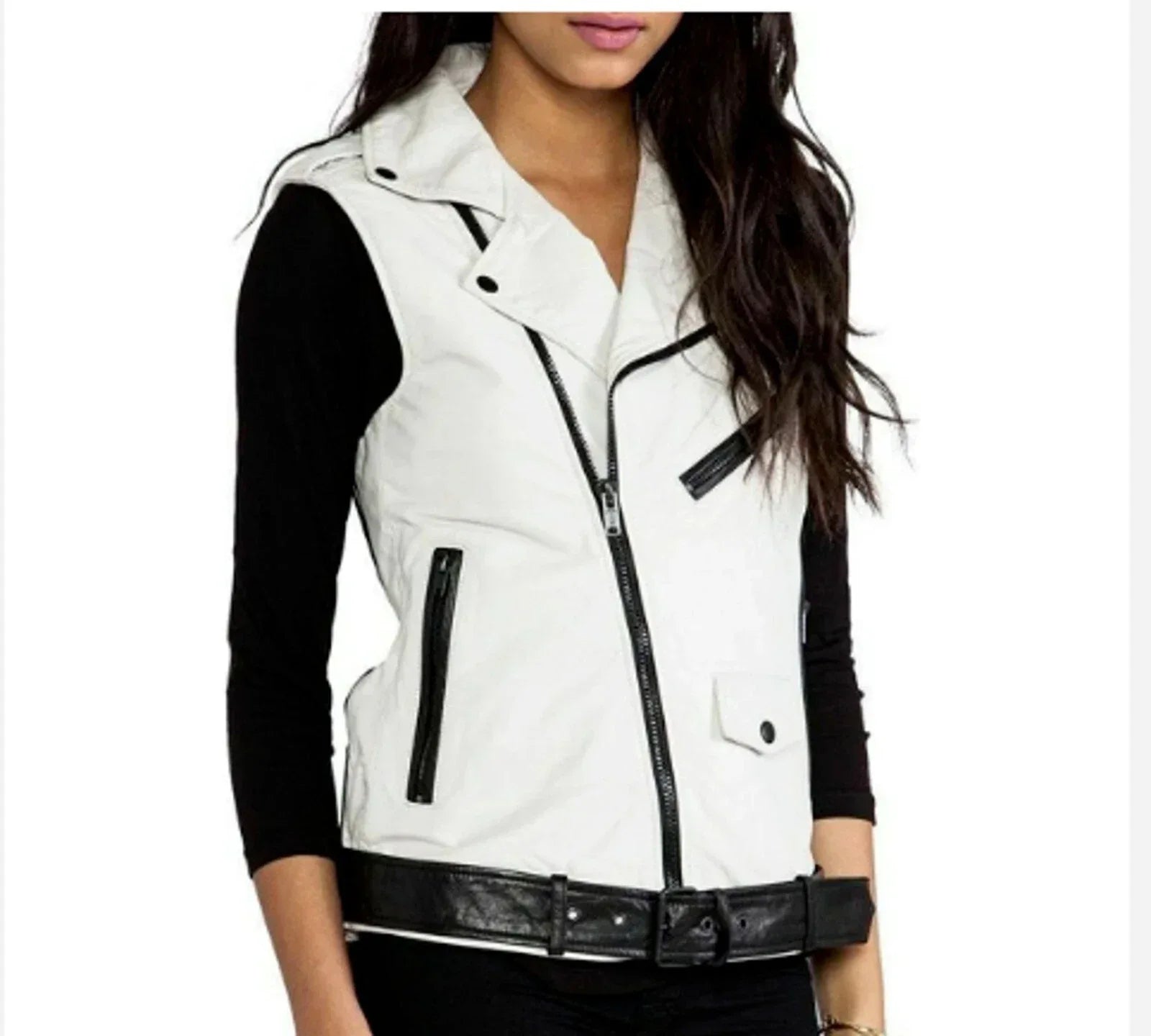White Leather Moto Vest Coat for Women - Premium Full-Grain Biker Vest with Asymmetric Zip