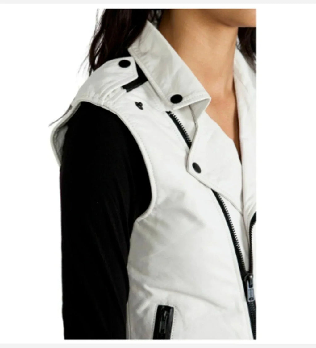 White Leather Moto Vest Coat for Women - Premium Full-Grain Biker Vest with Asymmetric Zip