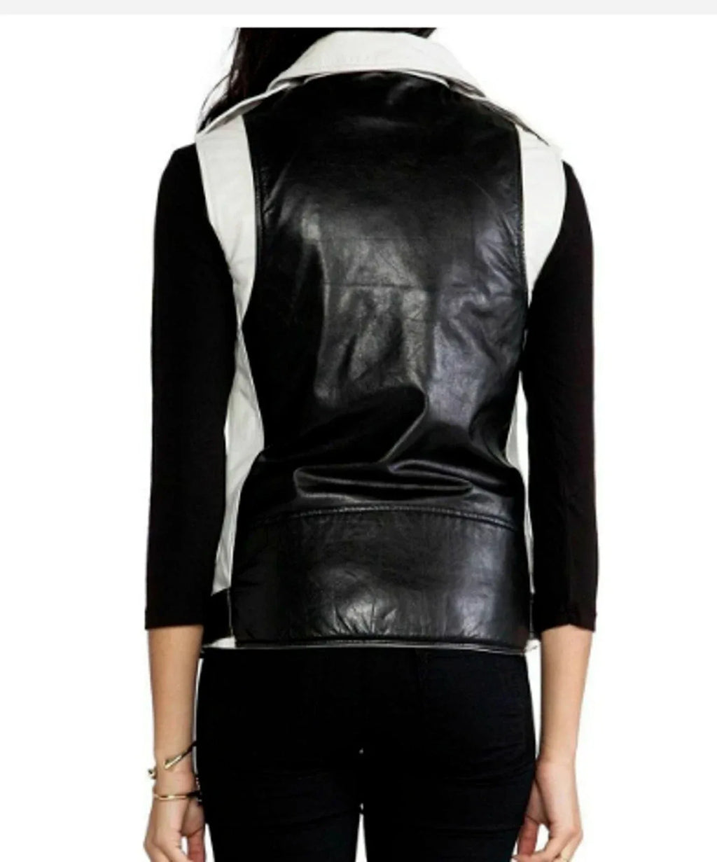 White Leather Moto Vest Coat for Women - Premium Full-Grain Biker Vest with Asymmetric Zip
