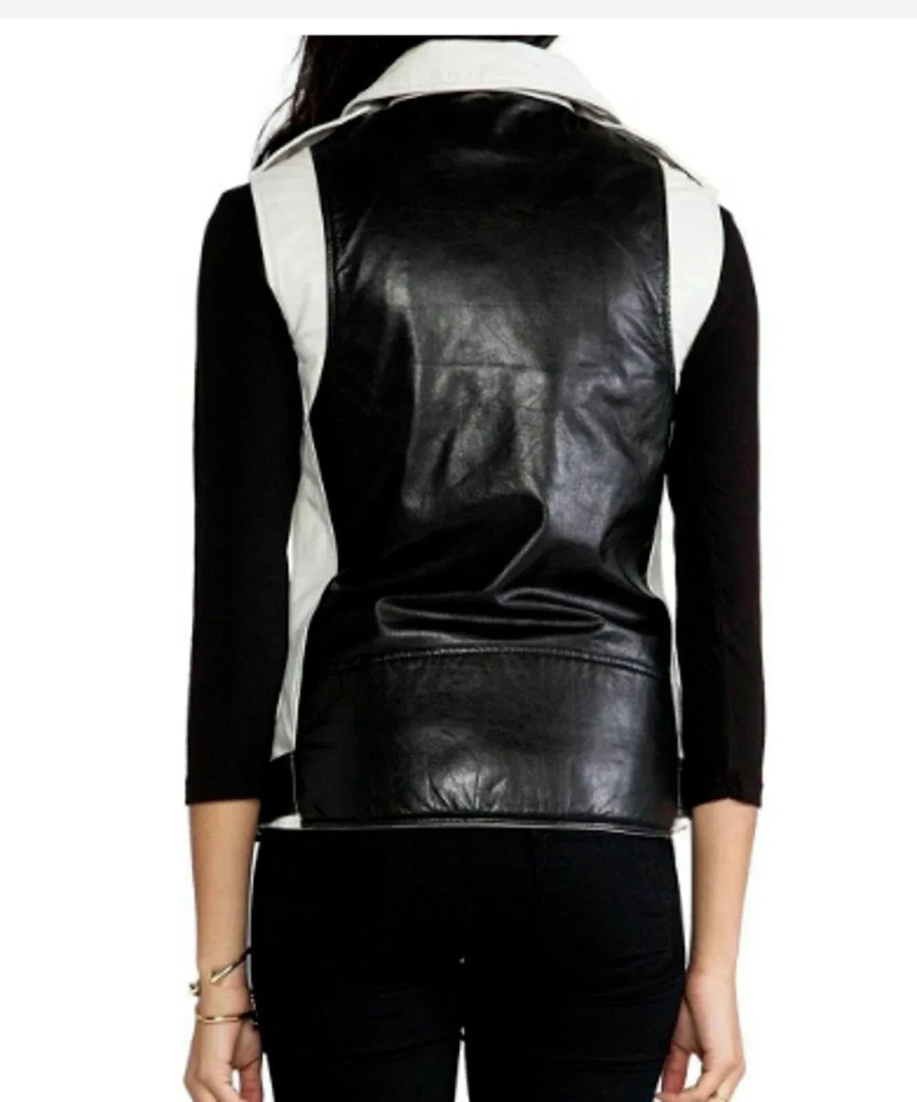 White Leather Moto Vest Coat for Women - Premium Full-Grain Biker Vest with Asymmetric Zip