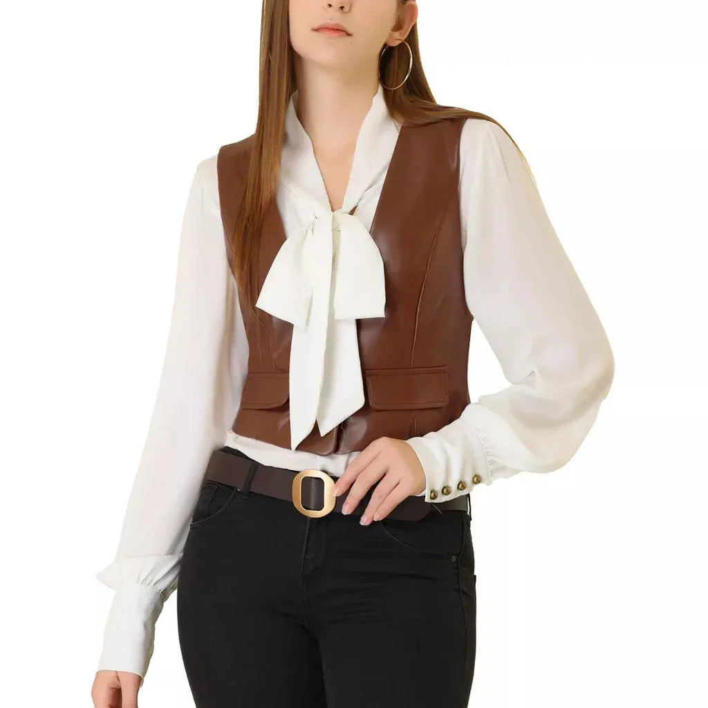 Brown Leather Vest Coat for Women - Premium Full-Grain Tailored Waistcoat