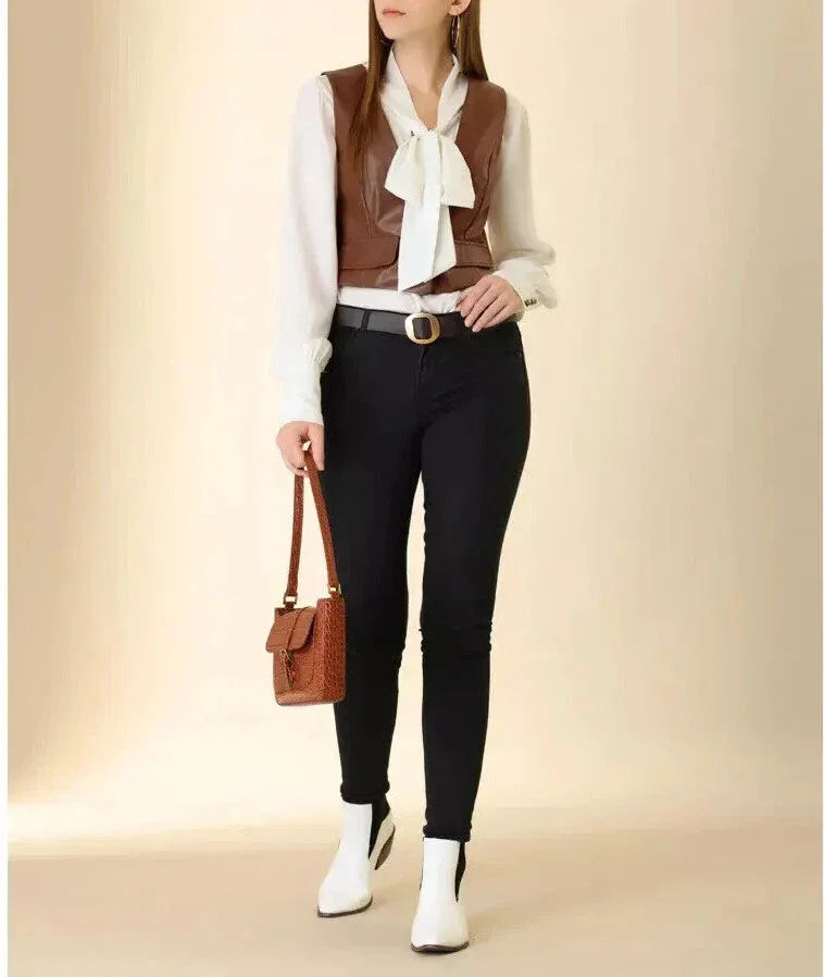 Brown Leather Vest Coat for Women - Premium Full-Grain Tailored Waistcoat