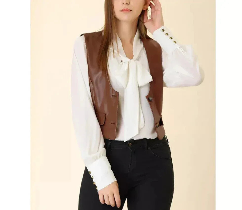 Brown Leather Vest Coat for Women - Premium Full-Grain Tailored Waistcoat