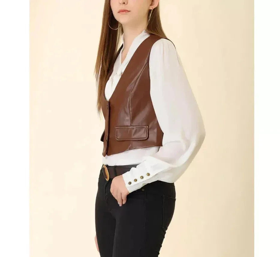 Brown Leather Vest Coat for Women - Premium Full-Grain Tailored Waistcoat