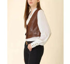 Brown Leather Vest Coat for Women - Premium Full-Grain Tailored Waistcoat