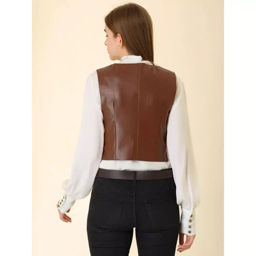 Brown Leather Vest Coat for Women - Premium Full-Grain Tailored Waistcoat