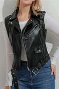 Black Leather Moto Vest Coat with Belt for Women - Premium Biker Vest