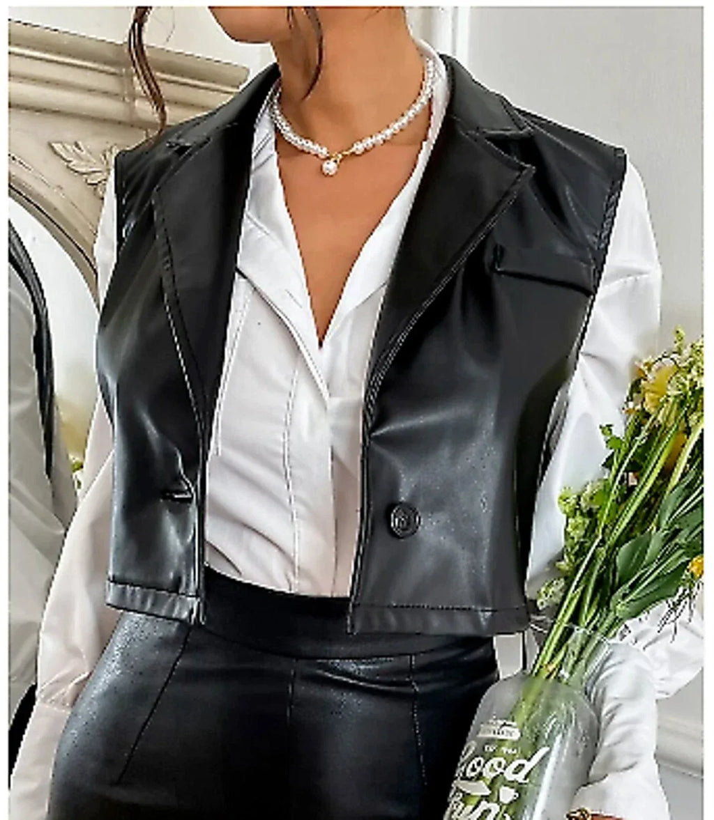 Black Leather Vest Coat for Women - Premium Full-Grain Sleeveless Moto Jacket