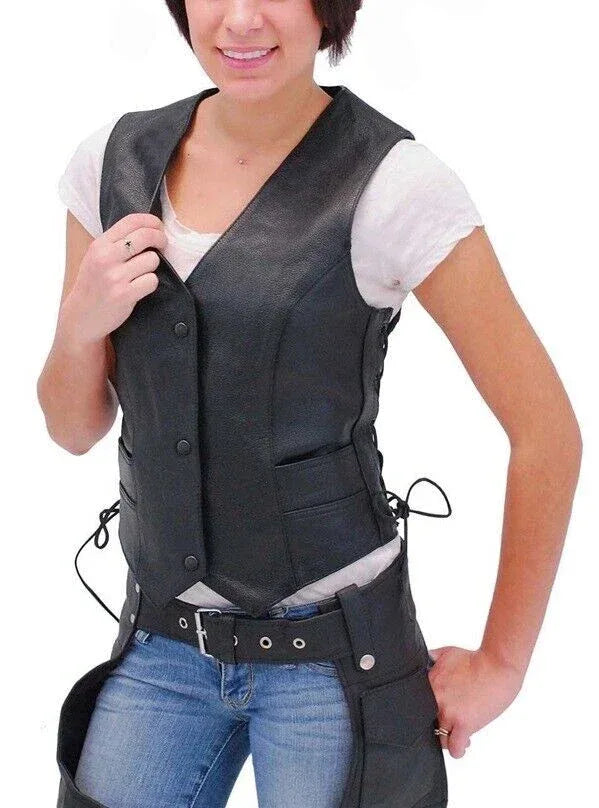 Black Leather Vest Coat with Side Lacing for Women - Premium Biker Vest