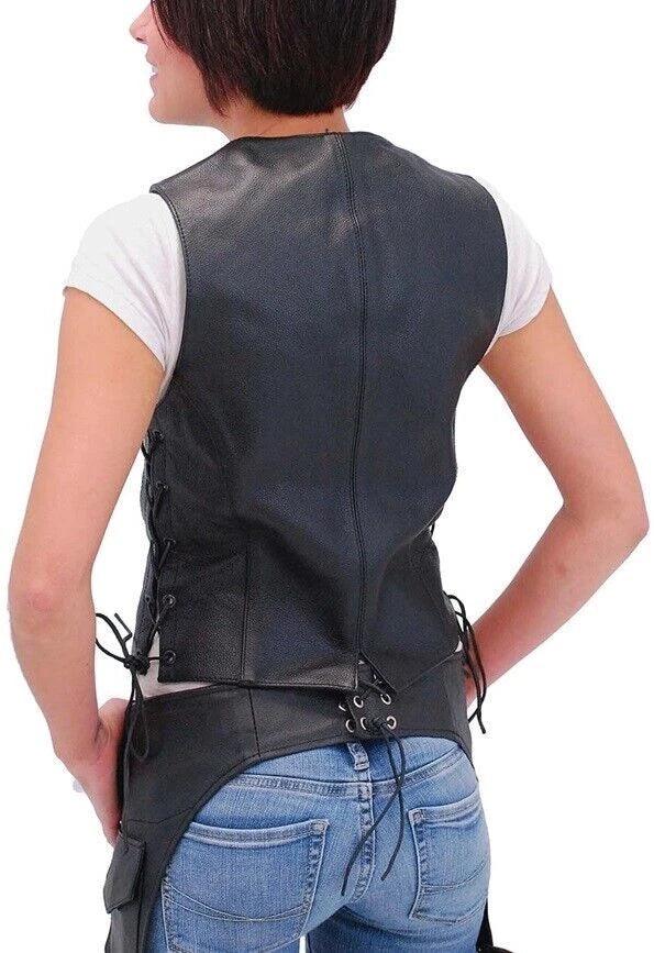 Black Leather Vest Coat with Side Lacing for Women - Premium Biker Vest