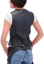 Black Leather Vest Coat with Side Lacing for Women - Premium Biker Vest