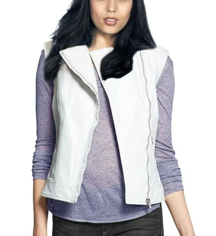 White Leather Moto Vest Coat for Women - Premium Full-Grain Asymmetric Zip Vest