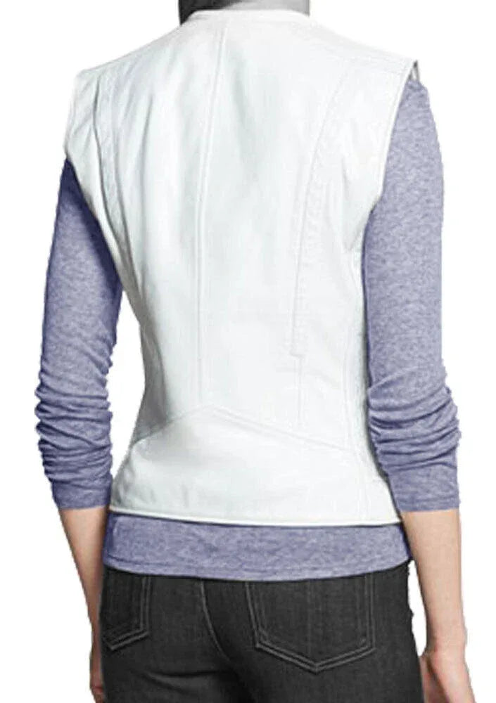 White Leather Moto Vest Coat for Women - Premium Full-Grain Asymmetric Zip Vest