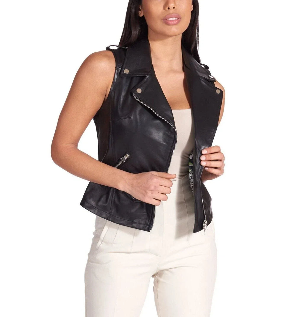 Black Original Leather Moto Vest Coat for Women - Premium Full-Grain Biker Vest with Pockets