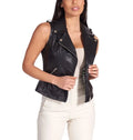 Black Original Leather Moto Vest Coat for Women - Premium Full-Grain Biker Vest with Pockets