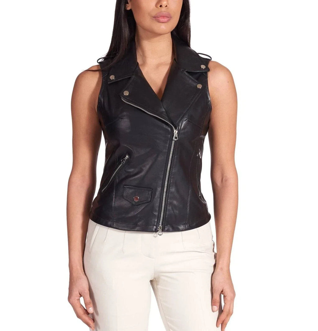 Black Original Leather Moto Vest Coat for Women - Premium Full-Grain Biker Vest with Pockets