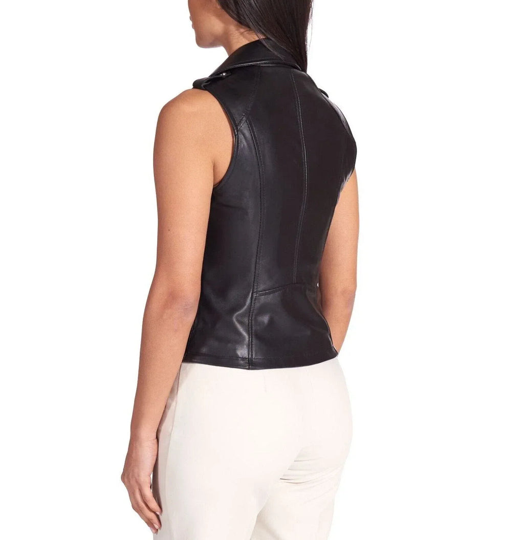 Black Original Leather Moto Vest Coat for Women - Premium Full-Grain Biker Vest with Pockets