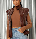 Brown Leather Vest Coat for Women - Premium Full-Grain Moto Vest with Shoulder Detail