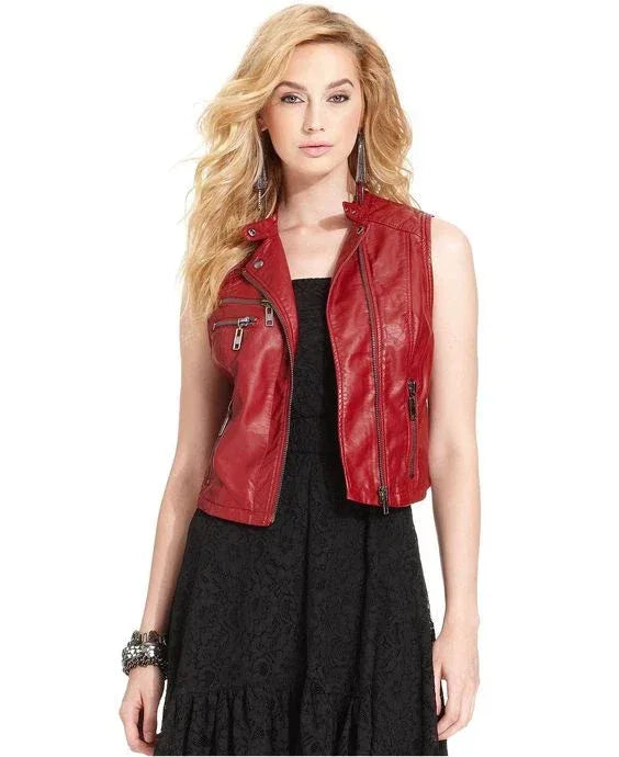 Red Original Leather Moto Vest Coat for Women - Premium Full-Grain Biker Vest