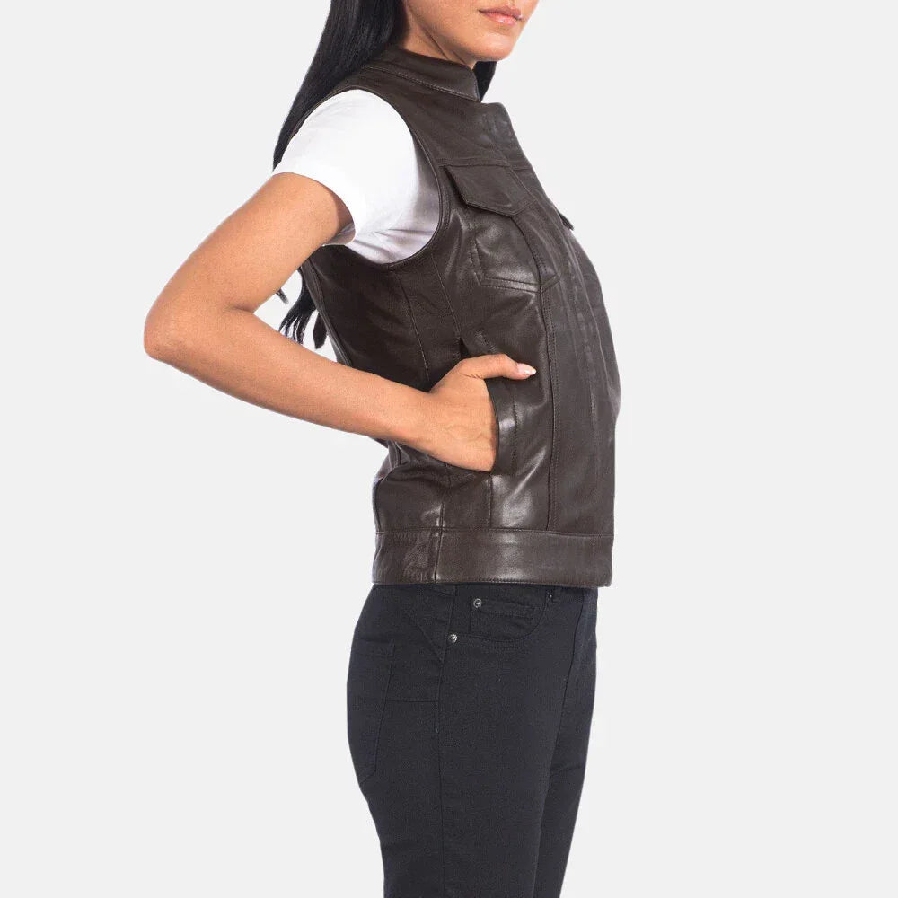 Brown Leather Vest Coat for Women - Premium Full-Grain Utility Vest with Chest Pockets