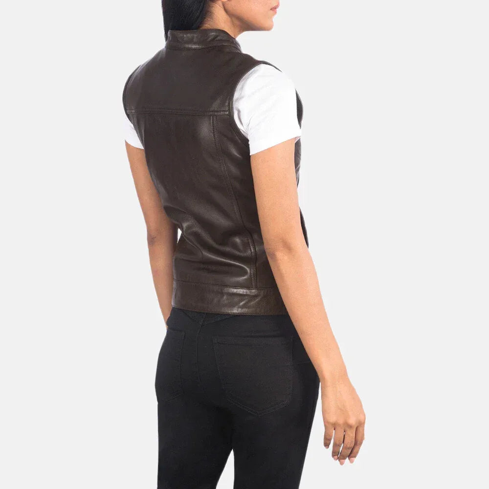 Brown Leather Vest Coat for Women - Premium Full-Grain Utility Vest with Chest Pockets