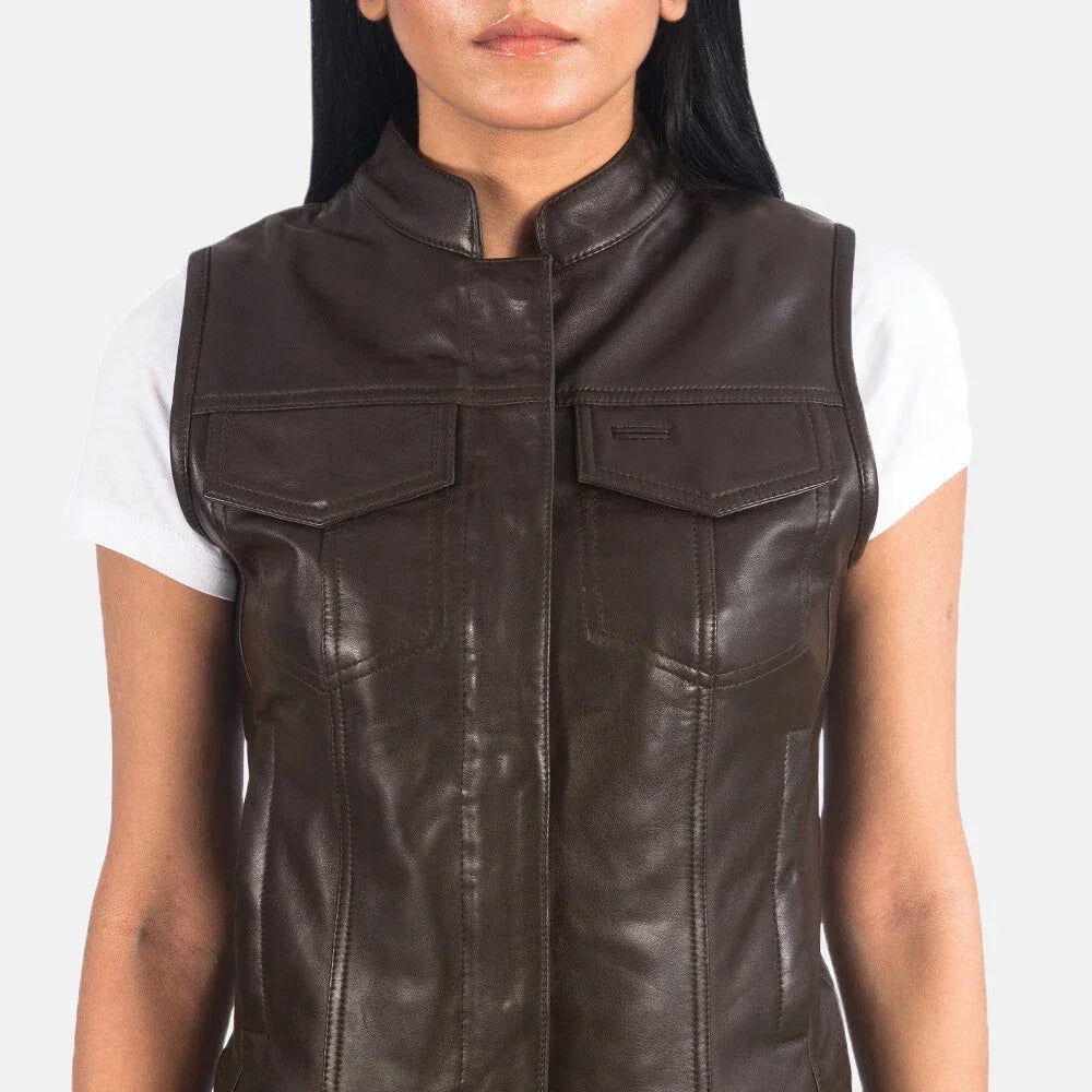 Brown Leather Vest Coat for Women - Premium Full-Grain Utility Vest with Chest Pockets