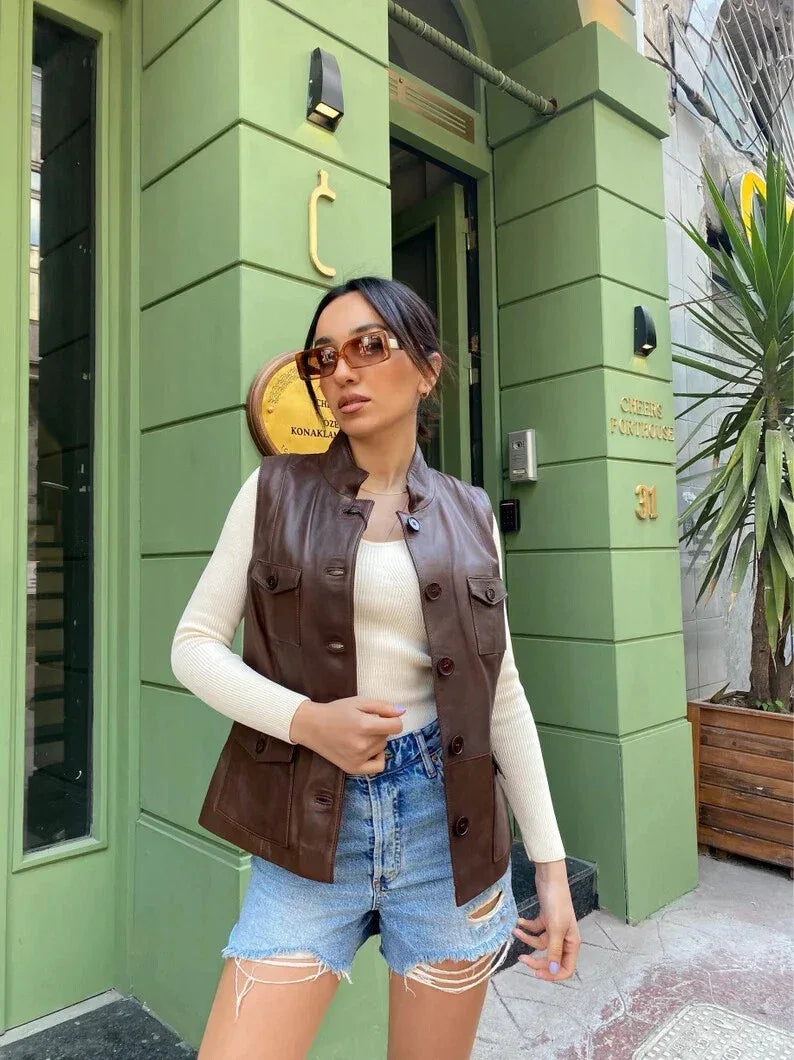 Brown Original Leather Utility Vest Coat for Women - Premium Full-Grain Vest Coat with Pockets