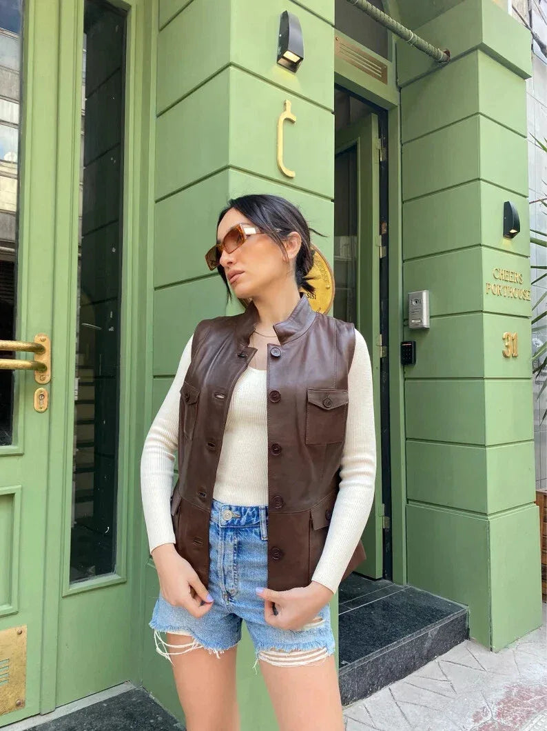 Brown Original Leather Utility Vest Coat for Women - Premium Full-Grain Vest Coat with Pockets